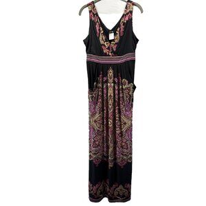 JFW‎ Women's Maxi Dress Babydoll Medium Colorful Artsy Pockets V Neck Y2K Vtg